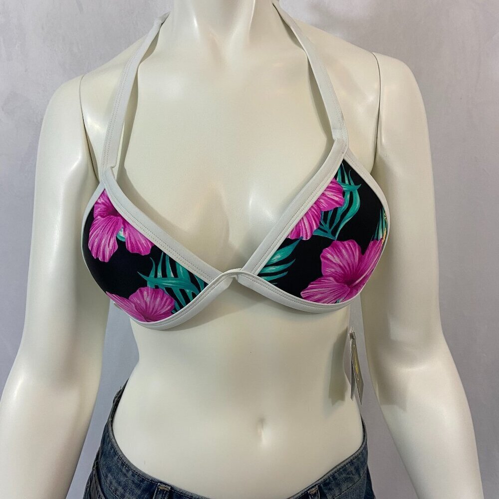 Body Glove Molokai Bikini Top Floral Print w/ Ties Size S Padded Black & Purple